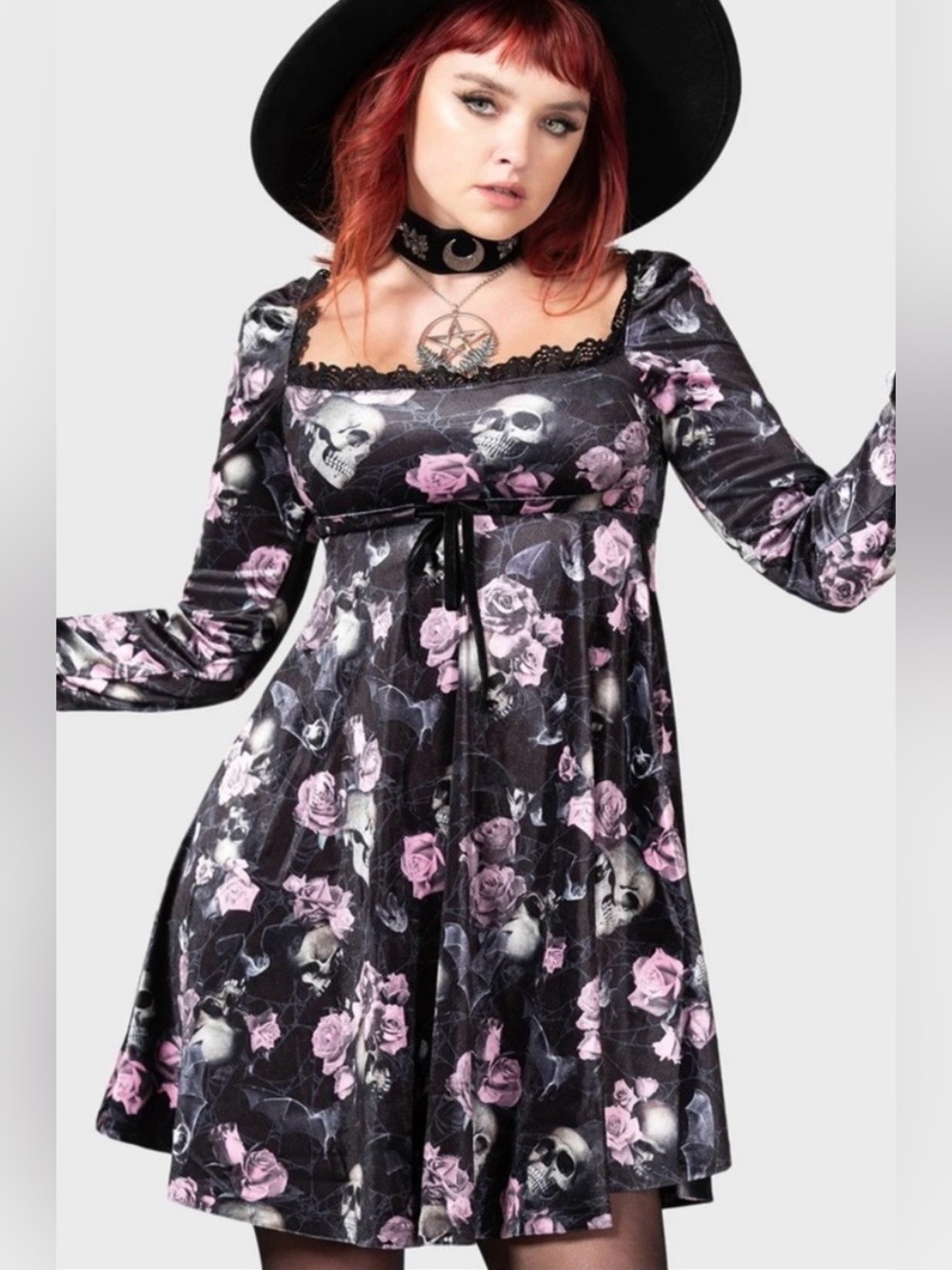 KILLSTAR Imperia Long Sleeve Floral Velvet Mini Dress Size XXL